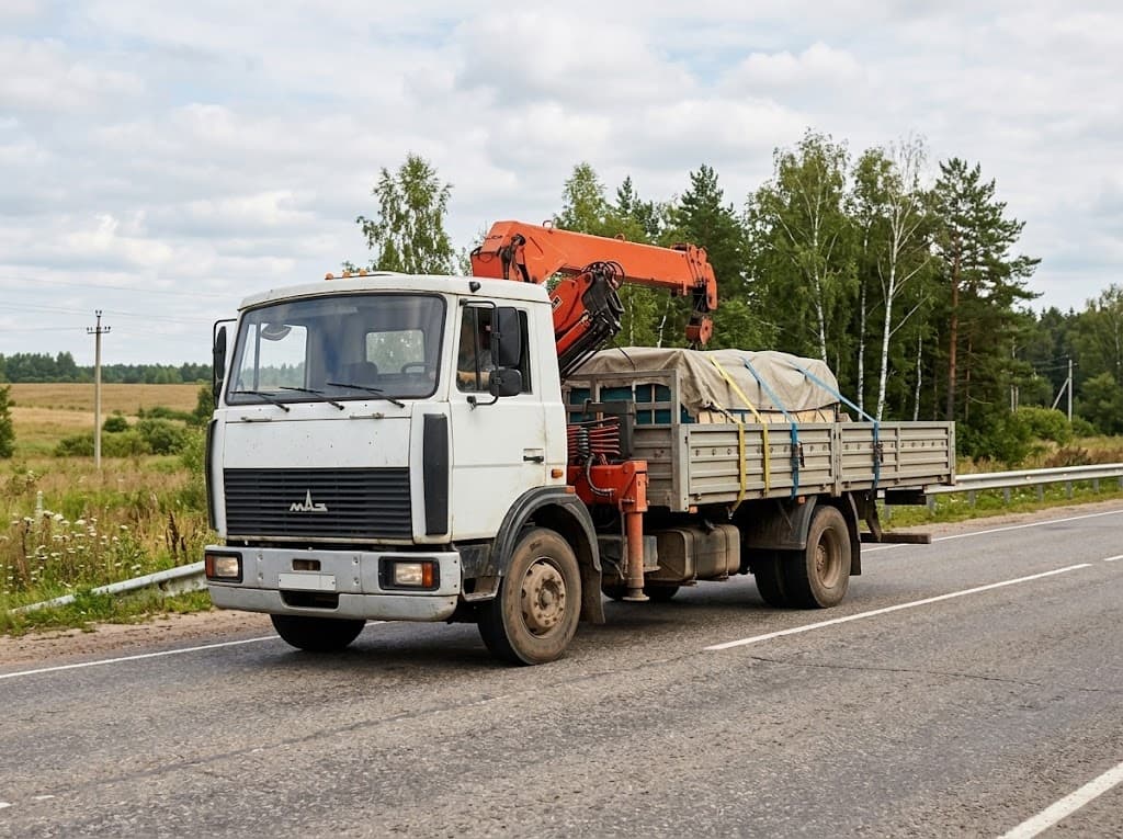 Кран-манипулятор МАЗ в пути по Тверской области